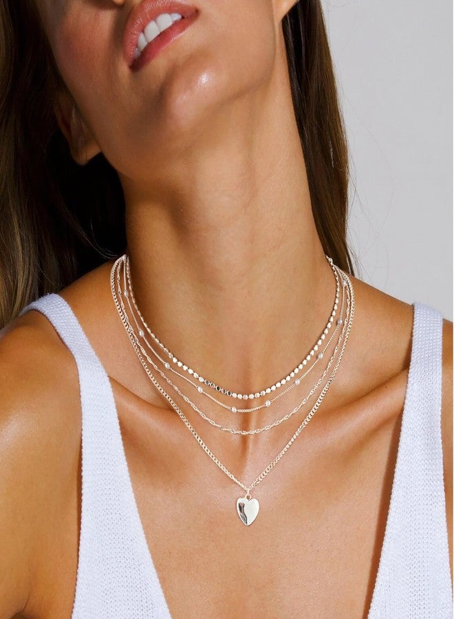 MFRYK Silver Necklaces Stack For Women,Sterling Silver Plated Simple Layered Choker Necklaces For Women,Stackable Multilayer Silver Cuban Peach Heart Pendant Wave Chain Sparkle Dot Choker Chain Small Pearl Layering Necklaces Set For Women Jewelry Gift for Women - Image 5